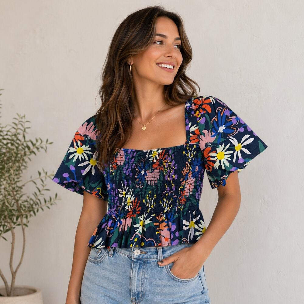 Corey Lynn Calter Floral Smocked Peplum Top Puff Sleeve Cottagecore Size Medium